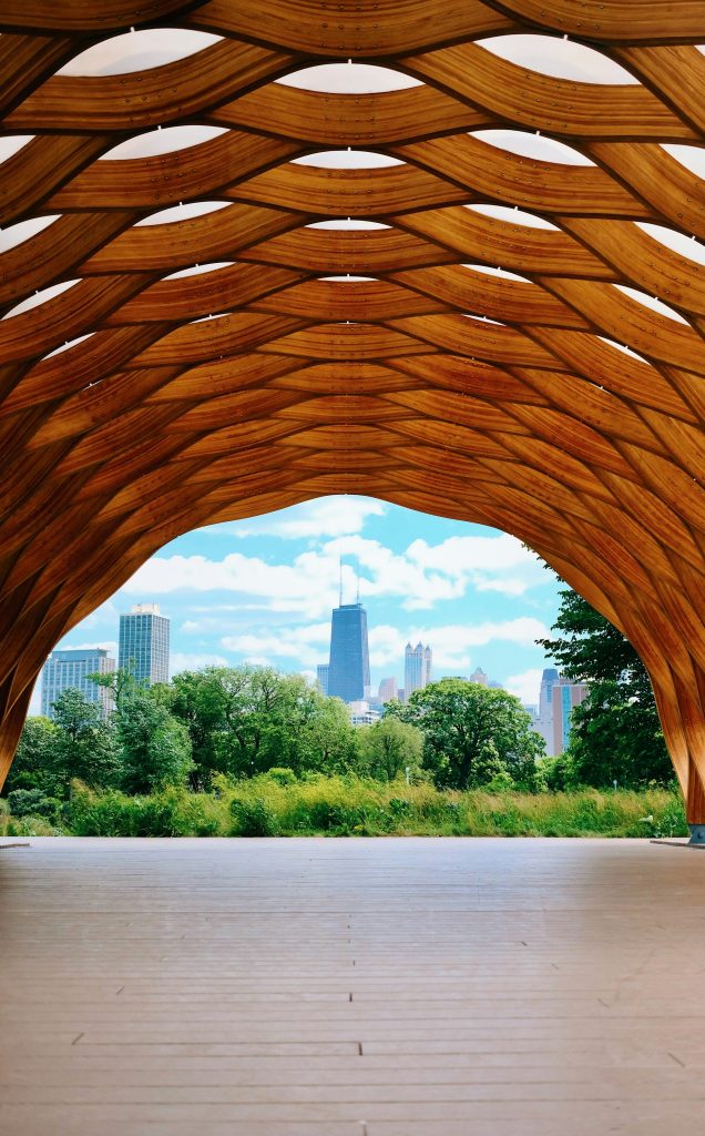 Wooden pavilion in Lincoln Park Chicago skyline