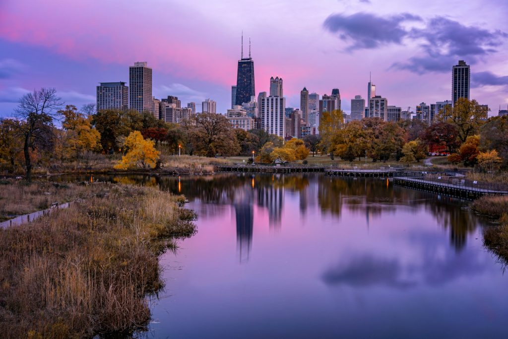 Chicago skyline view from Uptown lakefront park