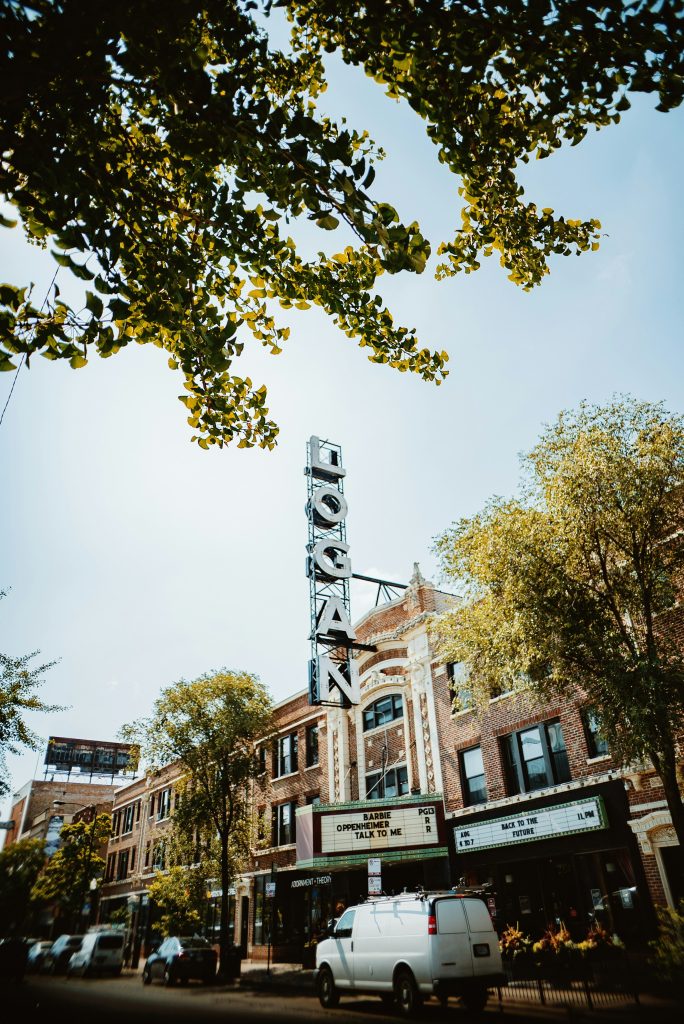 Logan Square historic theater and neighborhood street