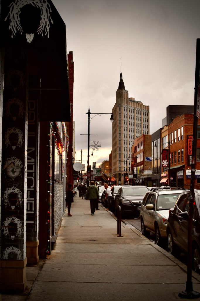 Wicker Park street with shops and pedestrians