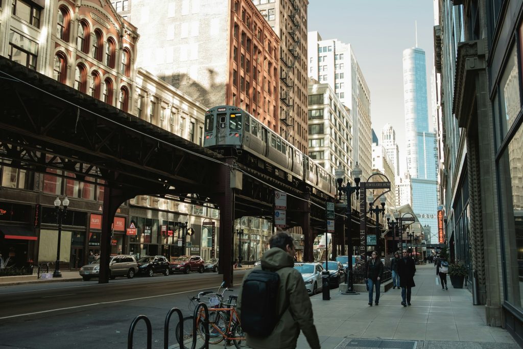 Chicago elevated train passing through downtown street