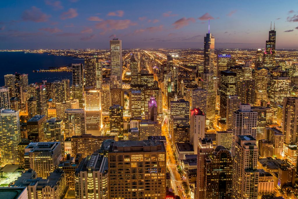 Chicago skyline at night with illuminated downtown
