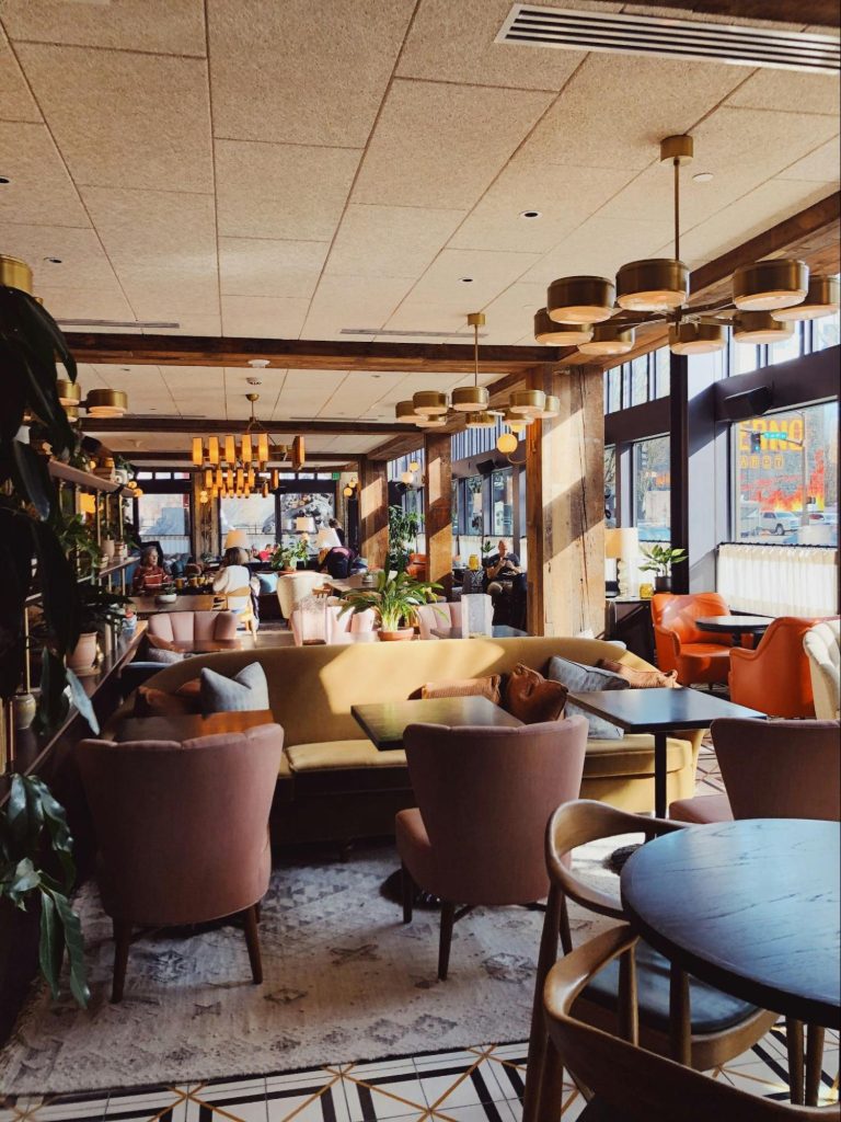 Hotel lounge with shared seating and design details